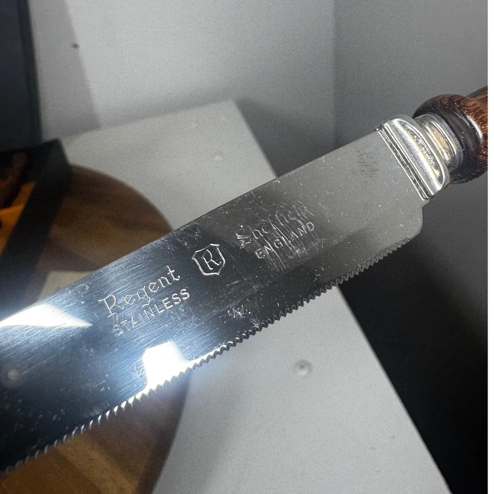 Regent Swords Lightning Edge Stainless Steak Knives Set 8 Wood Handles Orig. Box